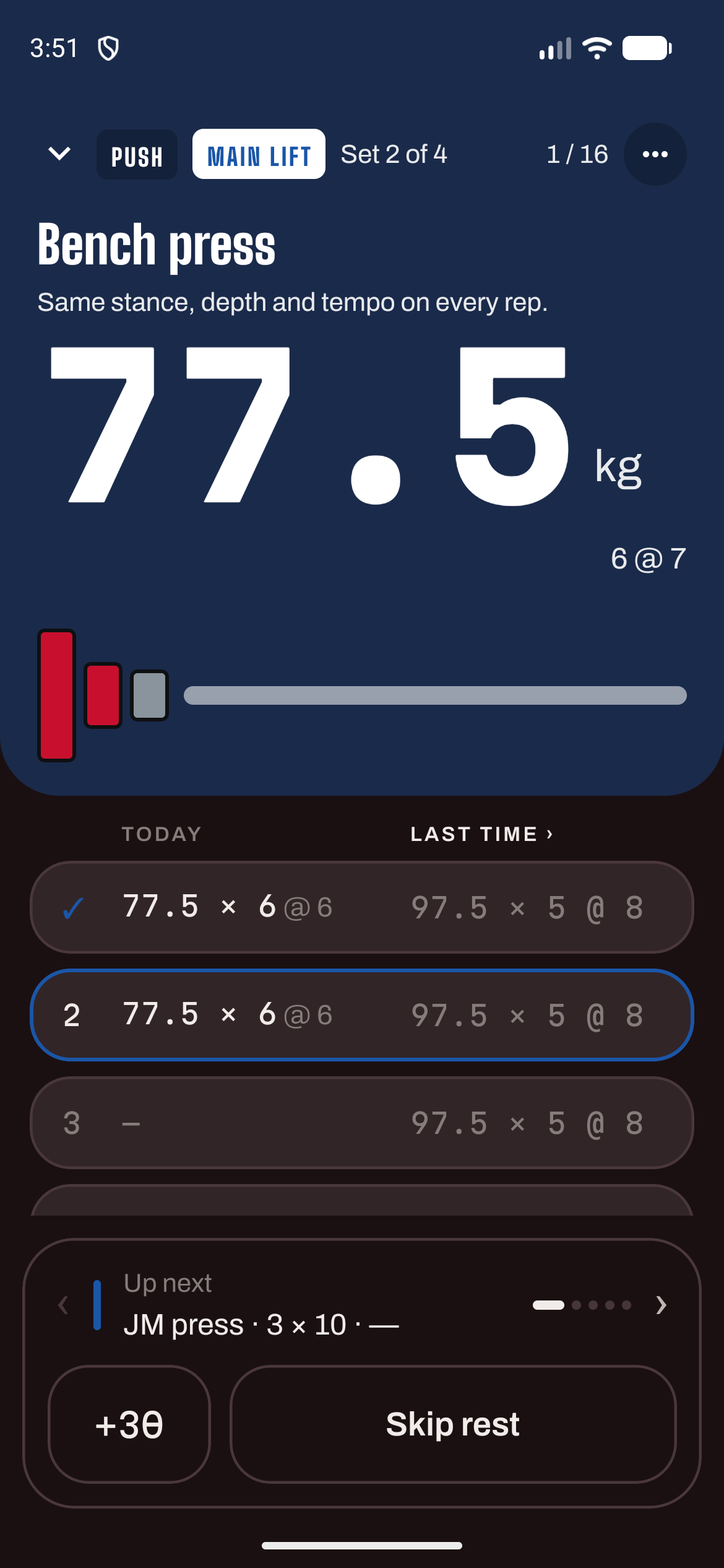 Bench press live in the blue PUSH block.