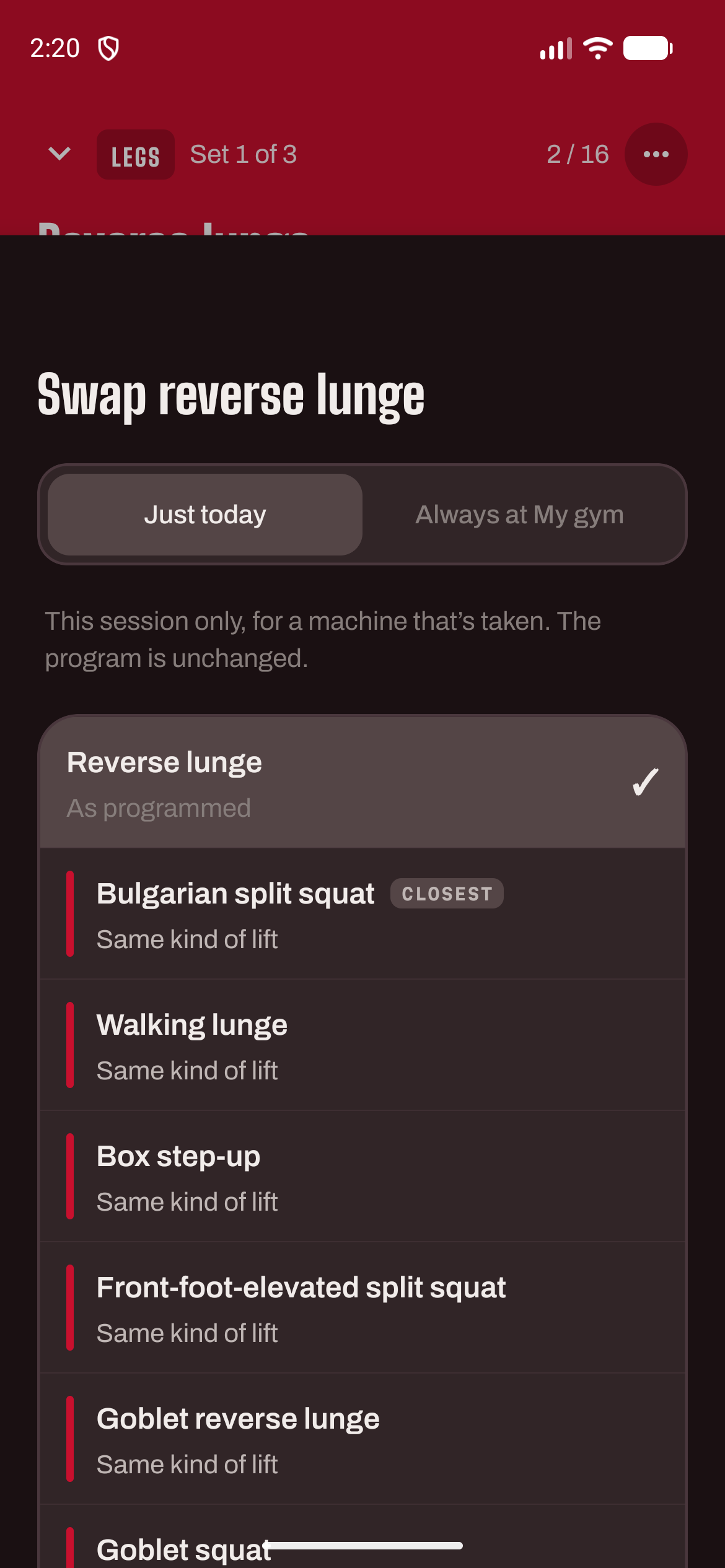 Swap sheet: ranked alternatives for a reverse lunge, each saying what is different.