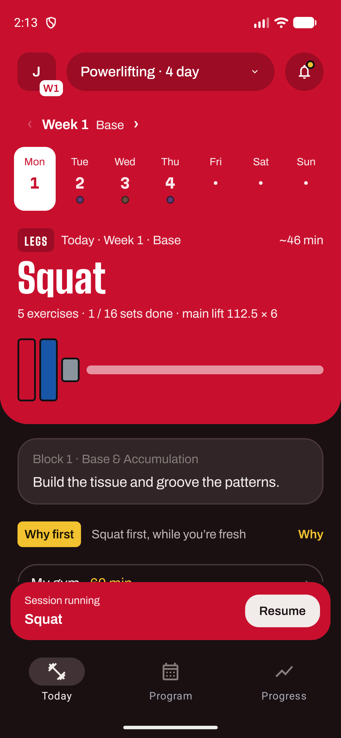 Today: week 1, the squat session ready to start, the week strip above it.